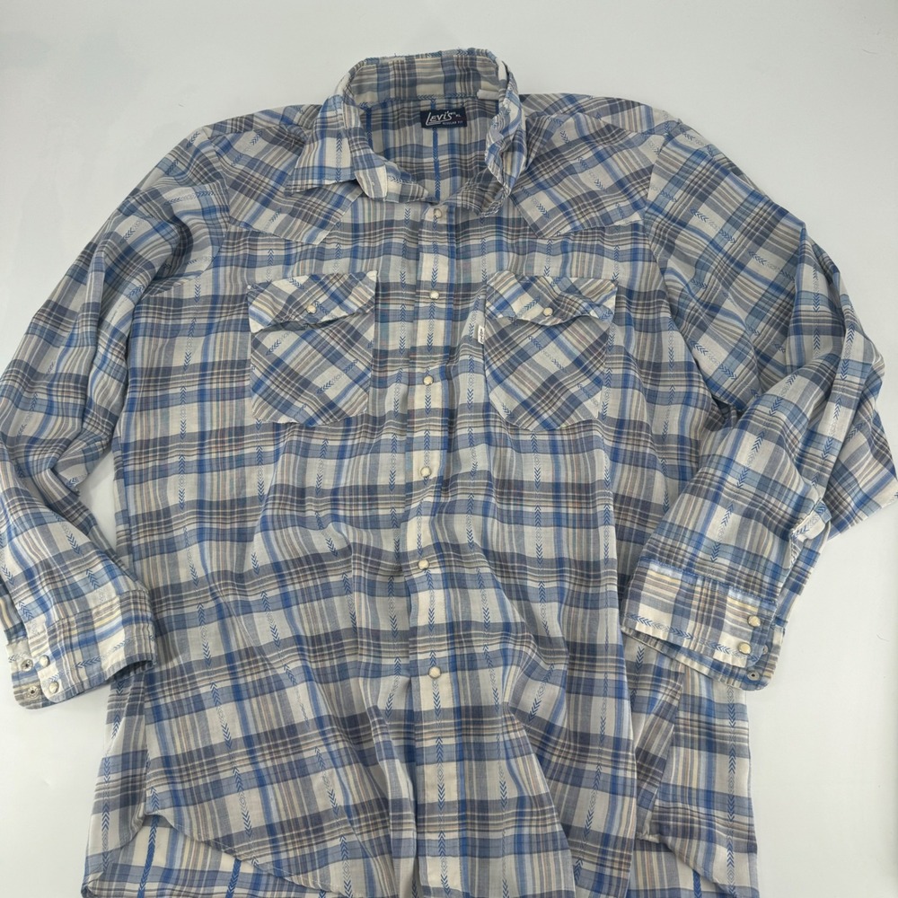 Levis VTG Mens Regular Fit Western Pearl Snap Plaid Shirt Blue XL Long Sleeve